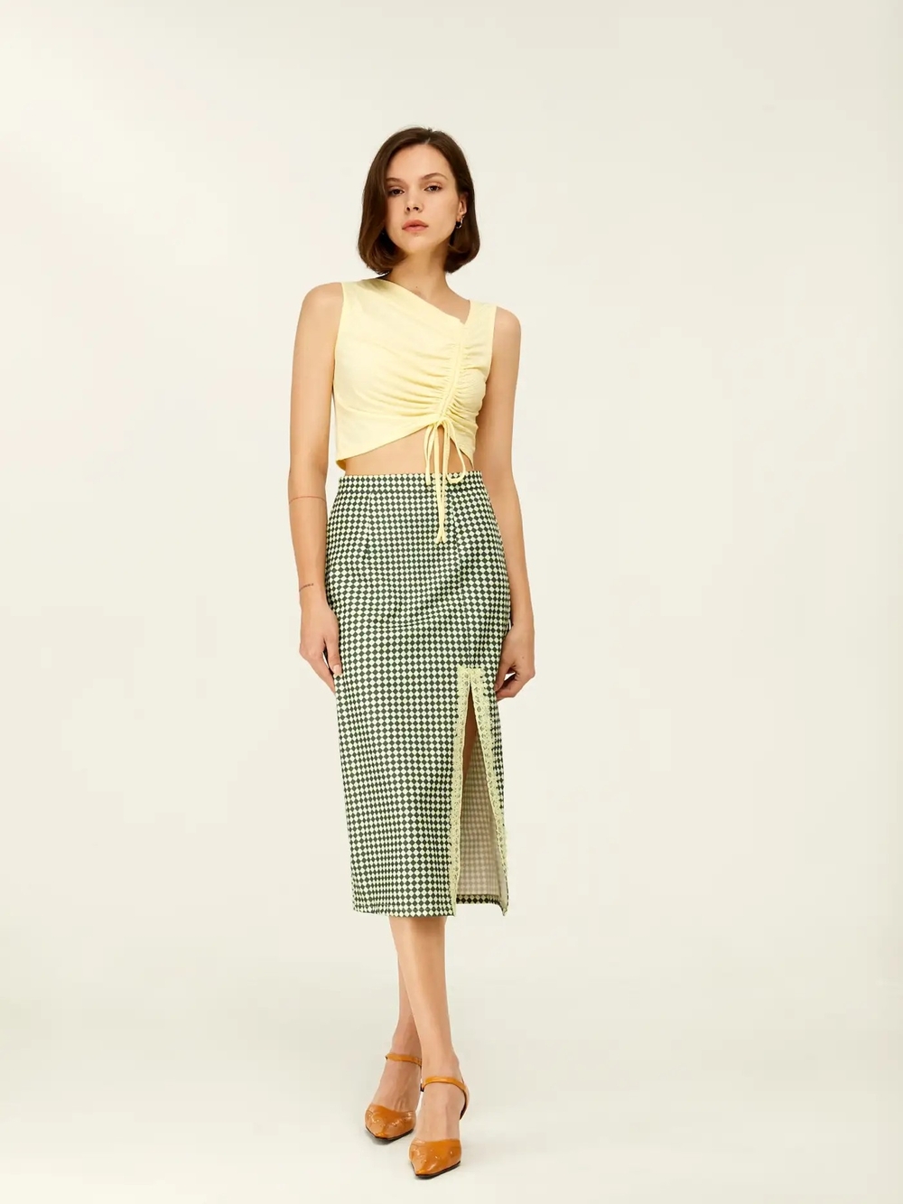 CIDER Classic Slit Midi Skirt Olive Green Sparkle Lace Trim Size M